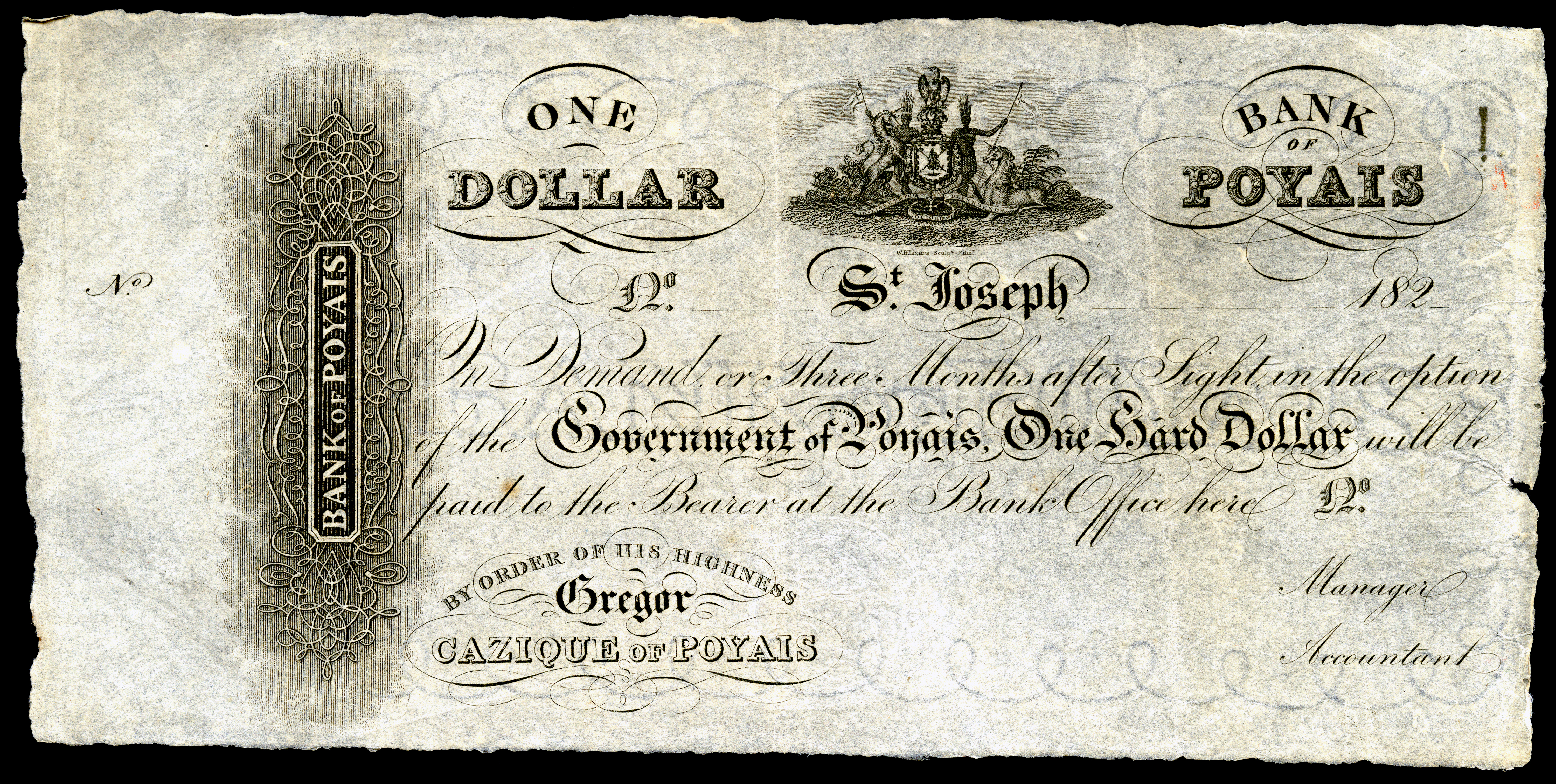 Fake currency that MacGregor drafted for the Bank of Poyais. Photo from Wikimedia Commons. 